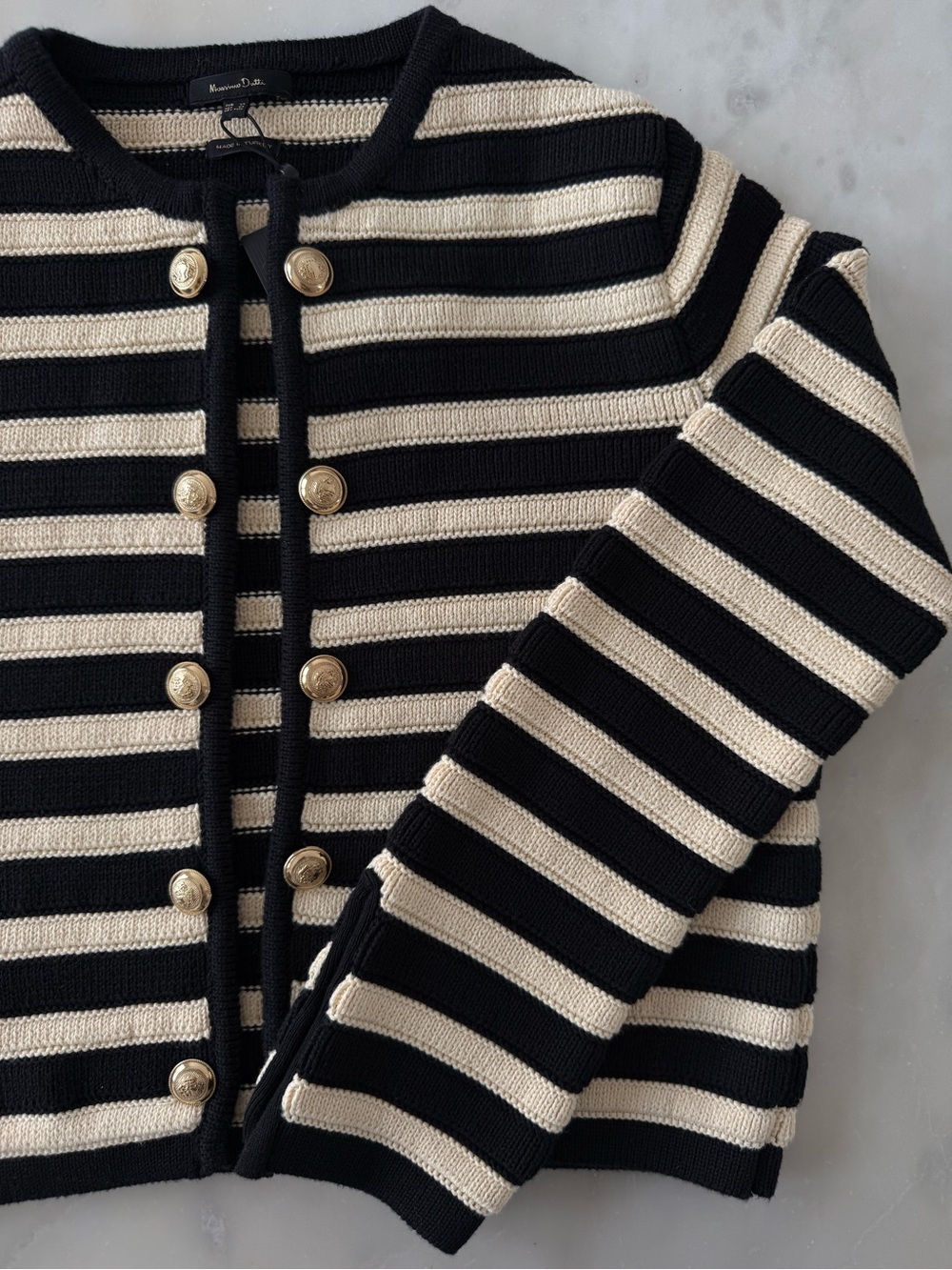 Massimo Dutti Black and Cream Striped Button-Front Knit Cardigan